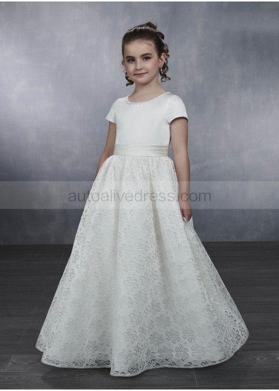 Short Sleeve Pearl Neck Ivory Satin Floral Lace Flower Girl Dress